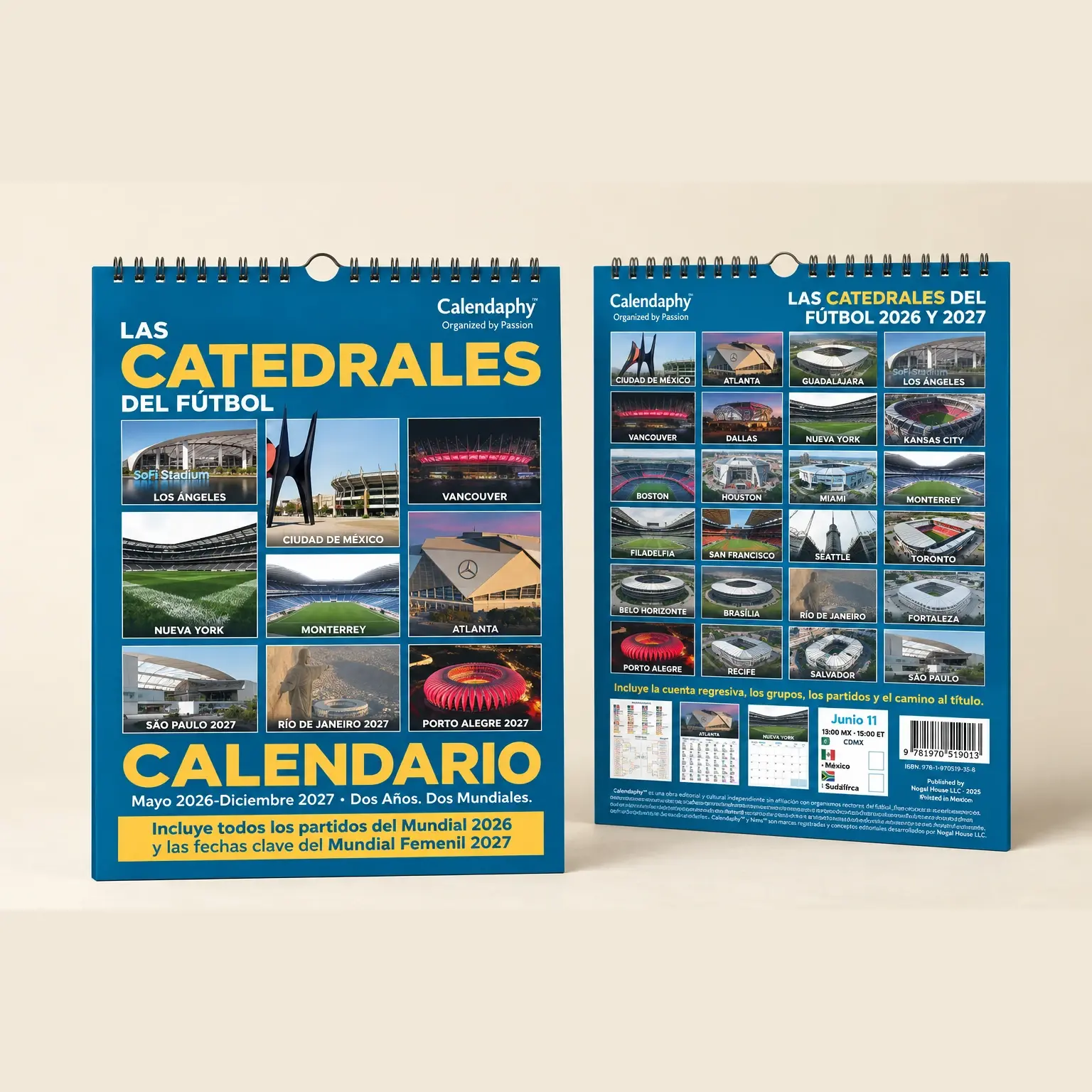The front and back covers of the Calendaphy "Cathedrals of Football" calendar, shown side by side.