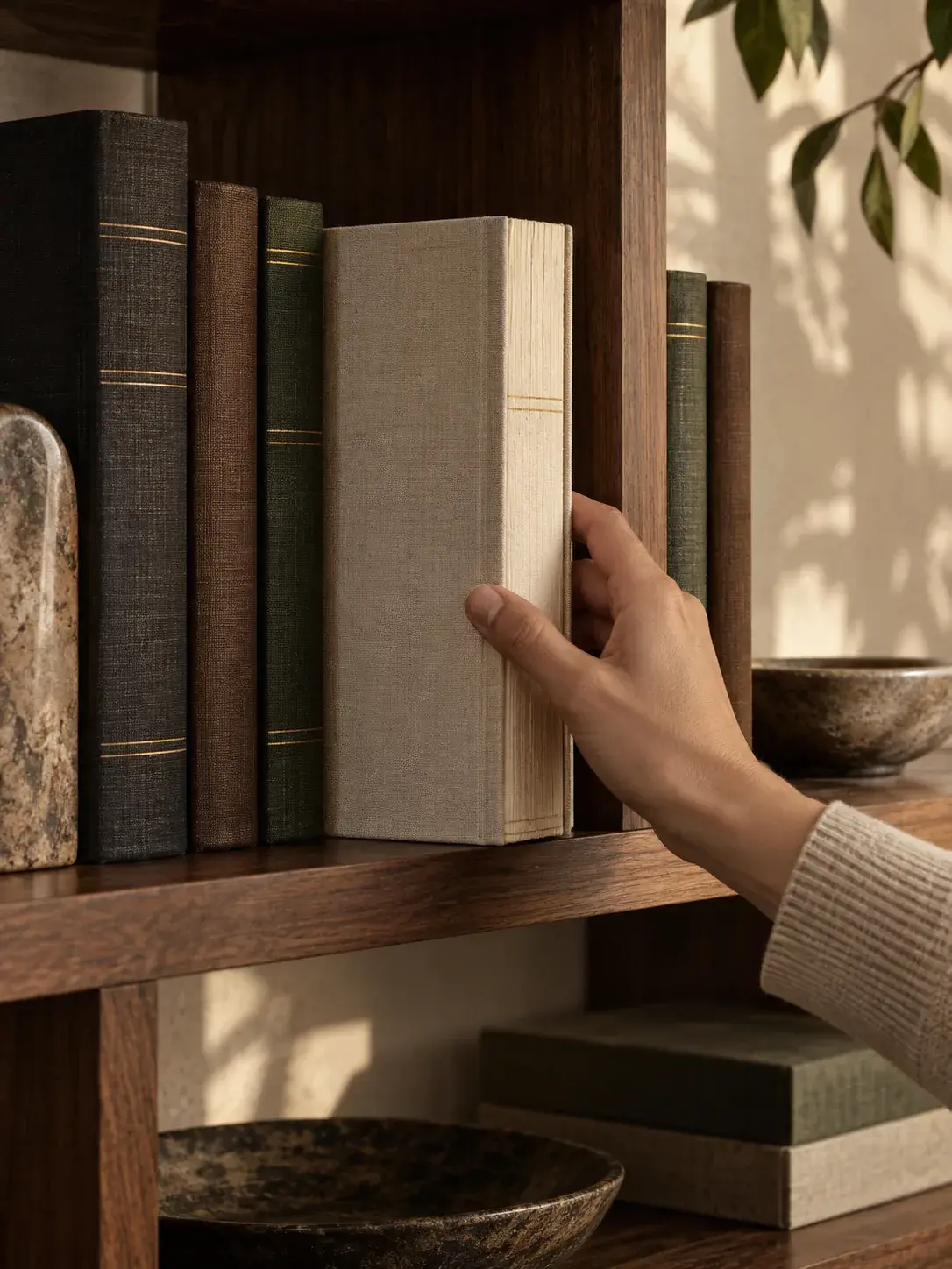 A hand pulling a linen-bound book from a walnut wood shelf, alongside other cloth-bound spines and ceramic bowls.