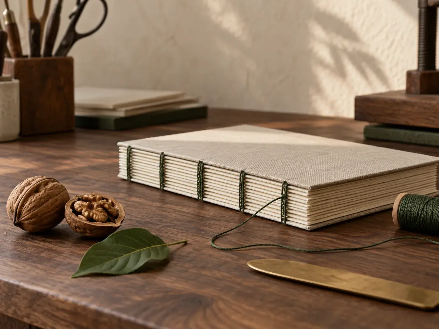 A hand-bound book with exposed thread stitching on a walnut wood desk, beside cracked walnuts and a walnut leaf.